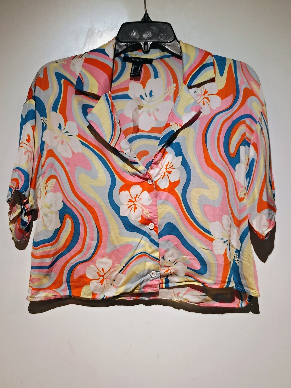 Retro Tropical Hibiscus Psychedelic Print Button Front Blouse - Picture 3 of 7